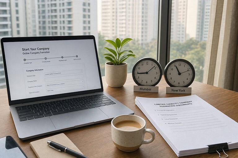 Home office desk in India with a laptop showing a company formation form and two clocks labeled Mumbai and New York