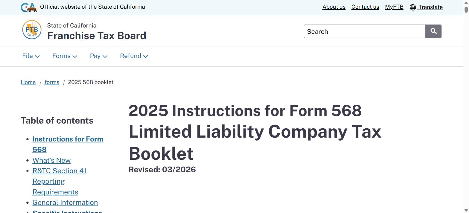 Screenshot of the California Franchise Tax Board page for the 2025 Instructions for Form 568, Limited Liability Company Tax Booklet, revised March 2026