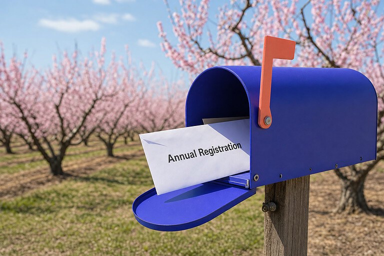 Annual Registration envelope going into a mailbox in a blooming Georgia peach orchard, Georgia LLC annual registration