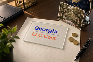 Frosted glass card reading Georgia LLC Cost on a fee sheet, with gold coins and a Savannah oak trees postcard
