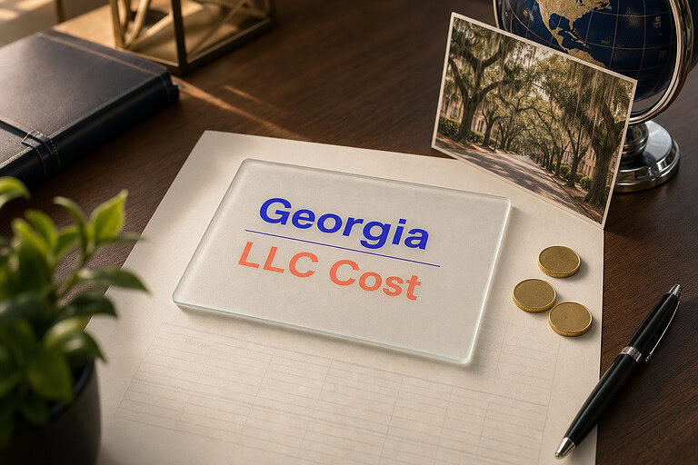 Frosted glass card reading Georgia LLC Cost on a fee sheet, with gold coins and a Savannah oak trees postcard