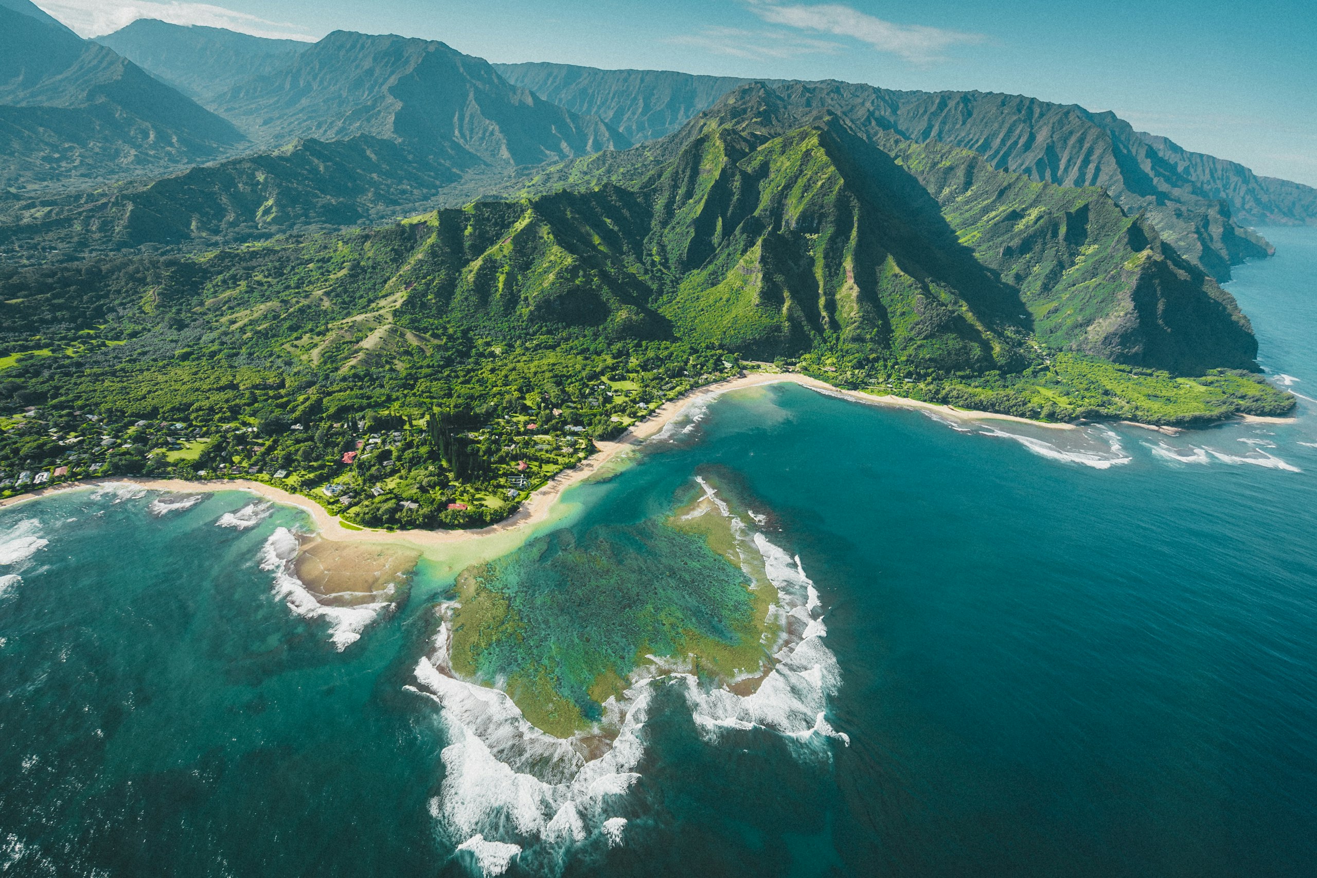 Aerial view of the green Kauai coastline in Hawaii