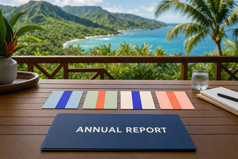 Annual Report folder and four quarter cards on a Hawaii lanai table above the ocean, for the Hawaii LLC annual report