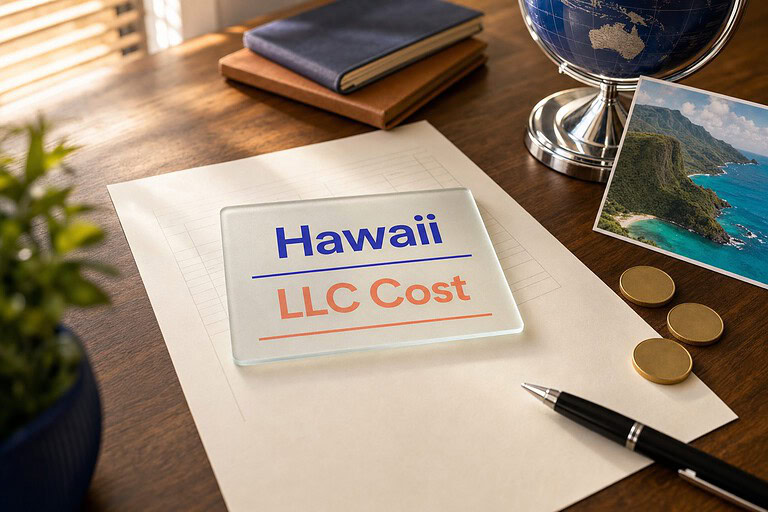Frosted glass card reading Hawaii LLC Cost on a fee sheet, with gold coins and a Hawaiian coastline postcard