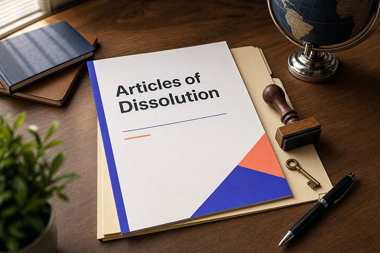 Articles of Dissolution on a desk with a rubber stamp and folder, showing how to dissolve an LLC with a state filing