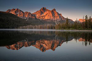 Sawtooth Range reflected in a mountain lake in Idaho