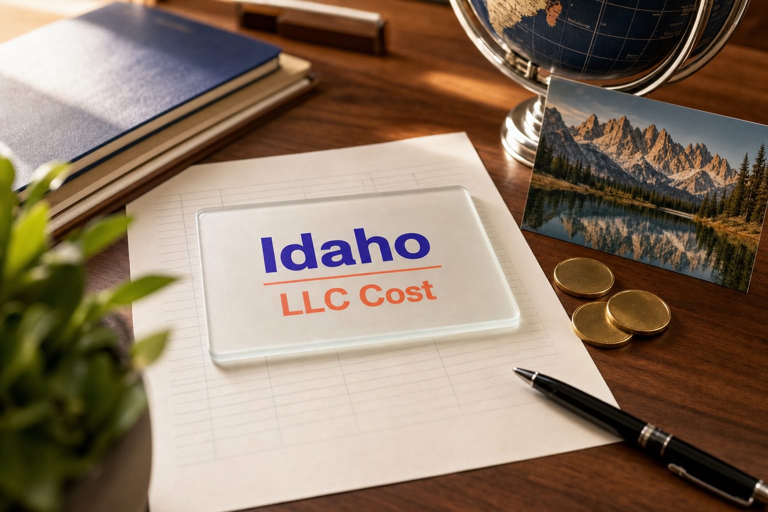 Frosted glass card reading Idaho LLC Cost on a fee sheet, with gold coins and a Sawtooth mountains postcard