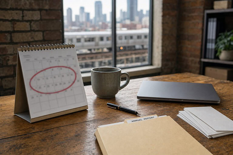 Desk in a Chicago loft office with a calendar month circled in red and a folder labeled Annual Report