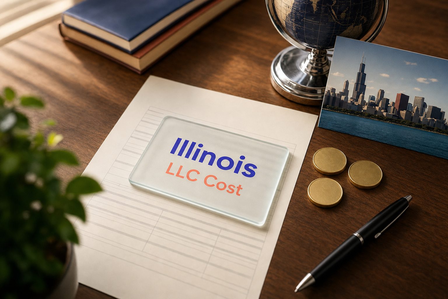 Frosted glass card reading Illinois LLC Cost on a fee sheet, with gold coins and a Chicago skyline postcard