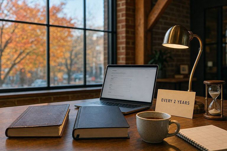 Indianapolis office desk with two planners, a laptop and a card reading Every 2 Years