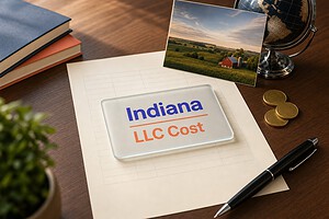 Frosted glass card reading Indiana LLC Cost on a fee sheet, with gold coins and a Indiana farmland postcard