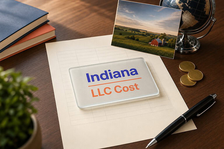 Frosted glass card reading Indiana LLC Cost on a fee sheet, with gold coins and a Indiana farmland postcard