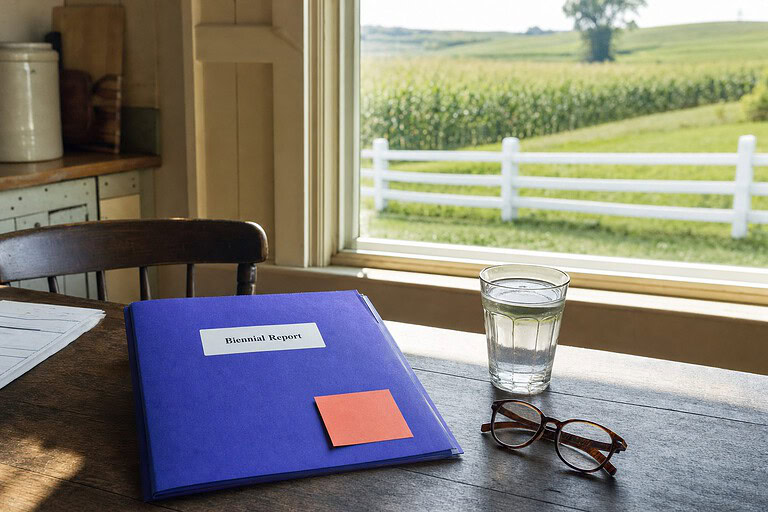 Indigo folder labeled Biennial Report on a farmhouse kitchen table with Iowa cornfields outside the window