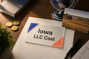 Frosted glass card reading Iowa LLC Cost on a fee sheet, with gold coins and a Iowa cornfields postcard