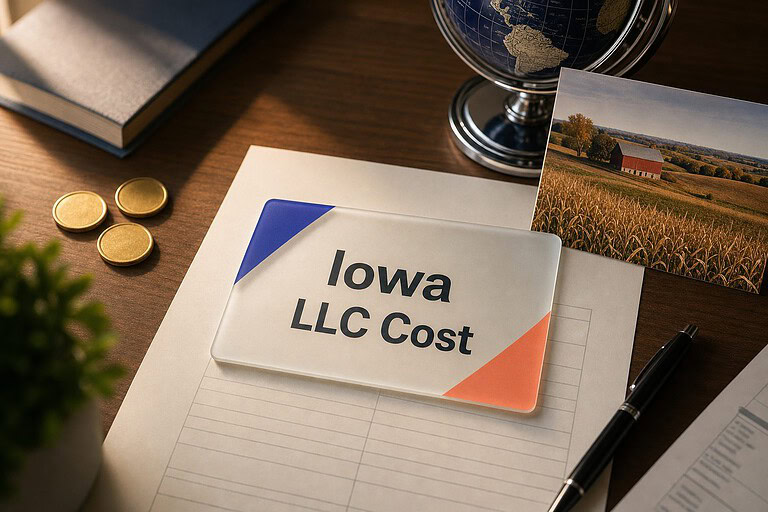 Frosted glass card reading Iowa LLC Cost on a fee sheet, with gold coins and a Iowa cornfields postcard