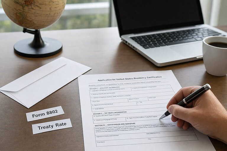 Desk with a tax application form being filled in, an envelope and a globe, with labels reading Form 8802 and Treaty Rate