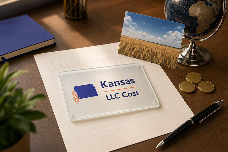 Frosted glass card reading Kansas LLC Cost on a fee sheet, with gold coins and a Kansas wheat field postcard