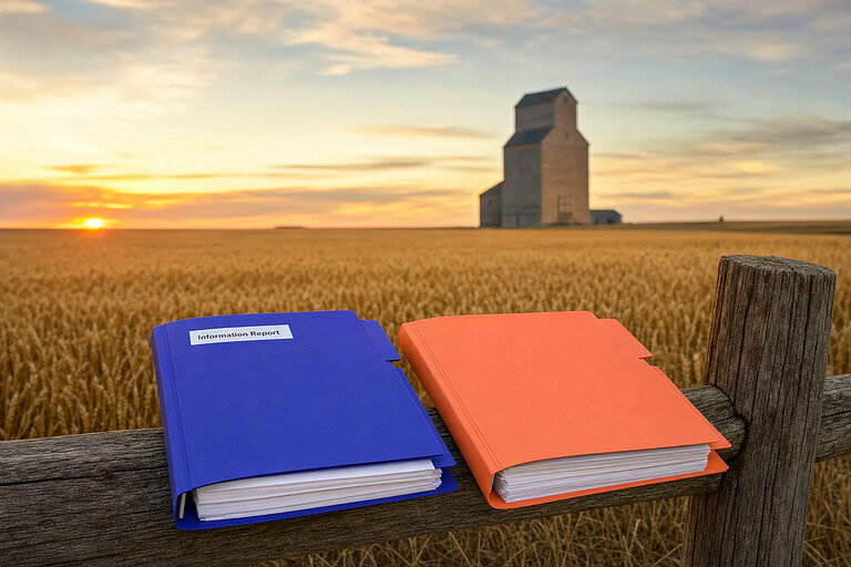 Information Report folder beside a second folder on a fence by a Kansas wheat field, for the Kansas LLC annual report