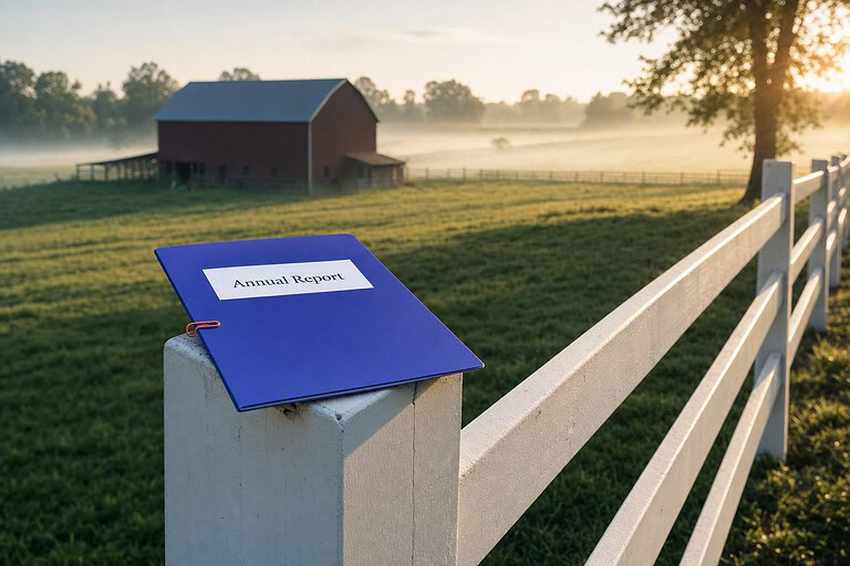 Indigo Annual Report folder on a white fence post in Kentucky horse country, for the Kentucky LLC annual report