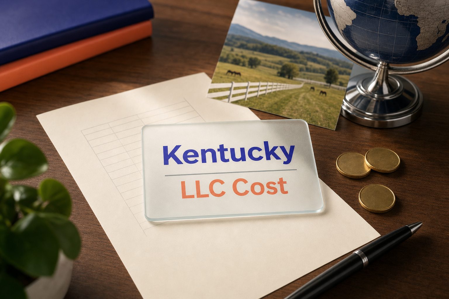 Frosted glass card reading Kentucky LLC Cost on a fee sheet, with gold coins and a Kentucky horse farm postcard