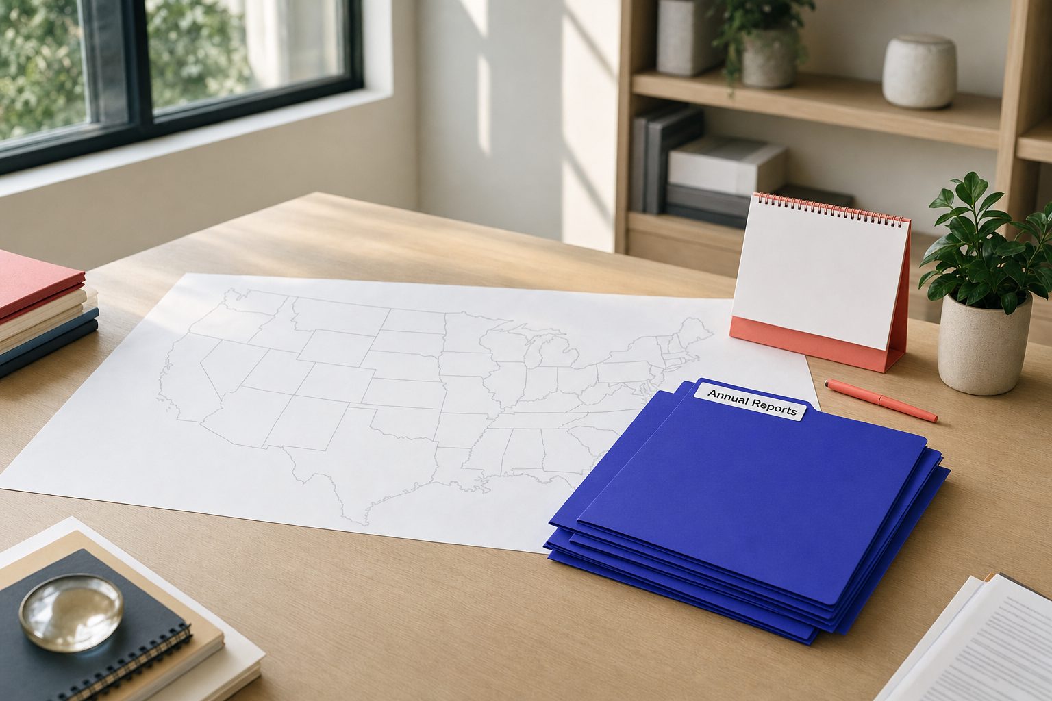 Stack of indigo Annual Reports folders on a blank map of the United States on a home office desk