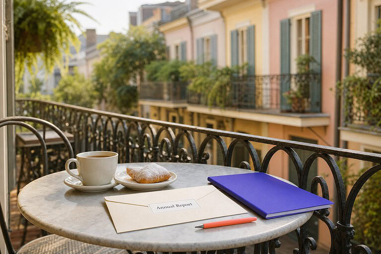 Annual Report envelope with coffee and a beignet on a New Orleans balcony table, for the Louisiana LLC annual report
