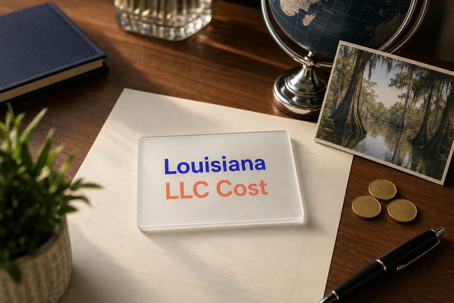 Frosted glass card reading Louisiana LLC Cost on a fee sheet, with gold coins and a Louisiana bayou postcard
