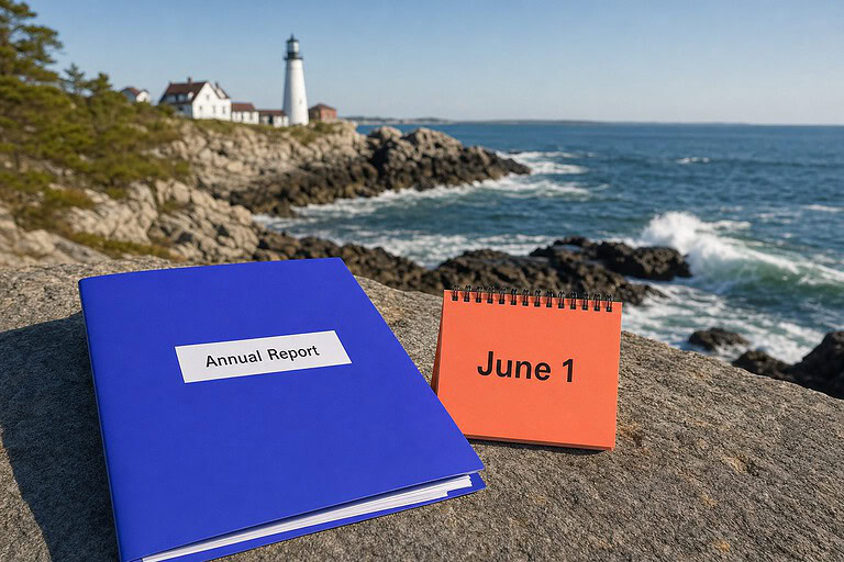 Annual Report folder and June 1 card on a granite ledge by a Maine lighthouse, for the Maine LLC annual report