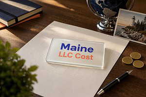 Frosted glass card reading Maine LLC Cost on a fee sheet, with gold coins and a Maine lighthouse postcard
