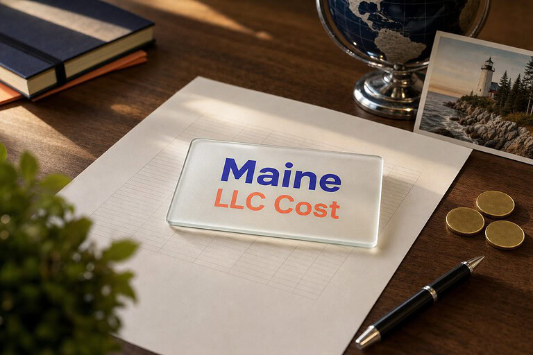 Frosted glass card reading Maine LLC Cost on a fee sheet, with gold coins and a Maine lighthouse postcard