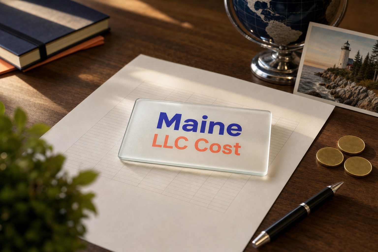 Frosted glass card reading Maine LLC Cost on a fee sheet, with gold coins and a Maine lighthouse postcard