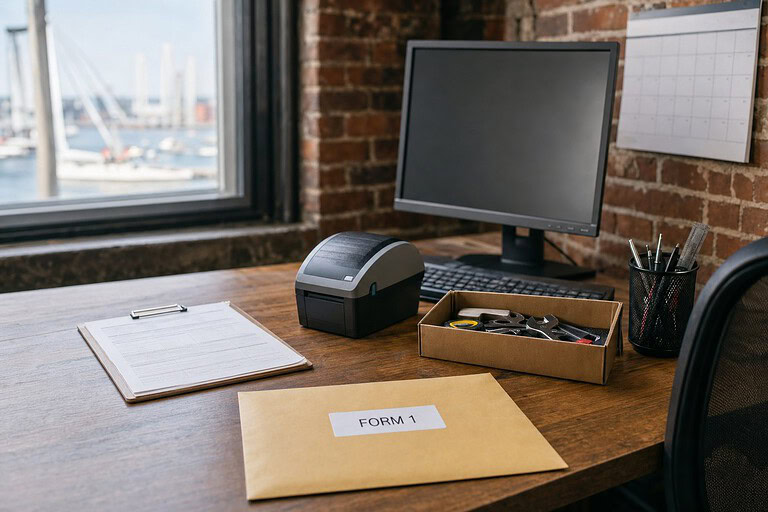 Baltimore office desk with business equipment and an envelope labeled Form 1