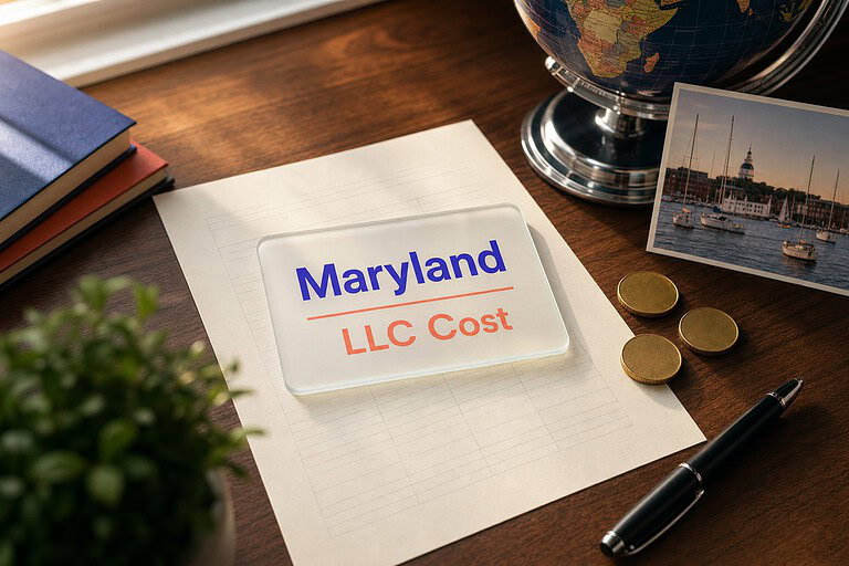 Frosted glass card reading Maryland LLC Cost on a fee sheet, with gold coins and a Chesapeake Bay harbor postcard