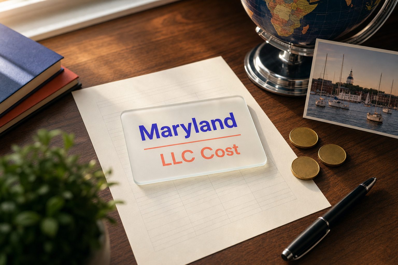 Frosted glass card reading Maryland LLC Cost on a fee sheet, with gold coins and a Chesapeake Bay harbor postcard
