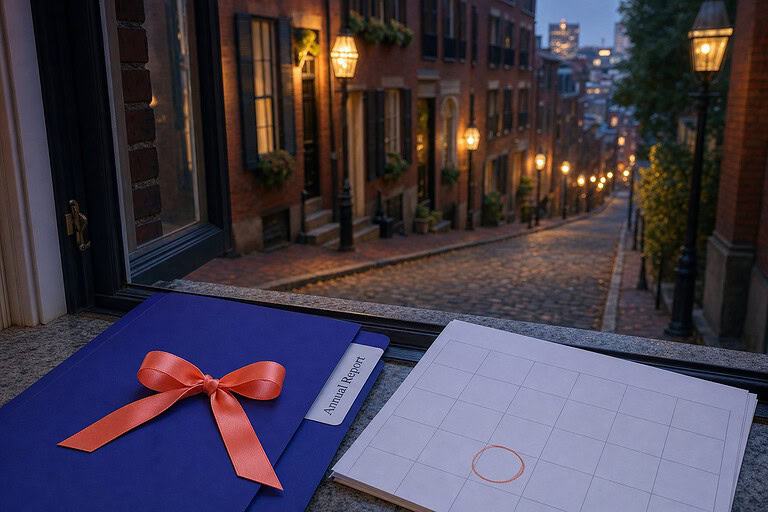 Annual Report folder tied with a coral anniversary ribbon on a Beacon Hill windowsill in Boston, Massachusetts LLC annual report