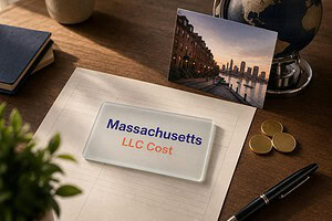 Frosted glass card reading Massachusetts LLC Cost on a fee sheet, with gold coins and a Boston harbor postcard