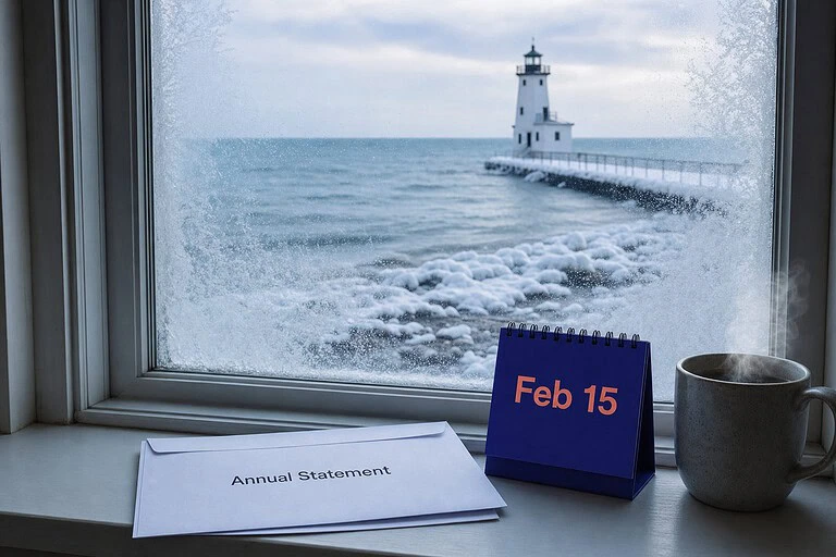 Annual Statement envelope and a Feb 15 desk calendar on a frosted window over a Lake Michigan lighthouse, Michigan LLC