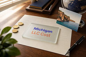 Frosted glass card reading Michigan LLC Cost on a fee sheet, with gold coins and a Great Lakes shoreline postcard