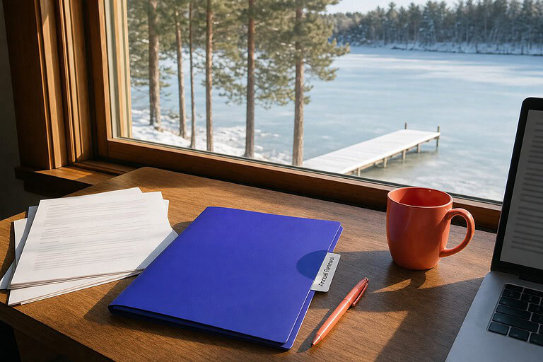 Indigo Annual Renewal folder on a desk by a window overlooking a frozen Minnesota lake and pine trees