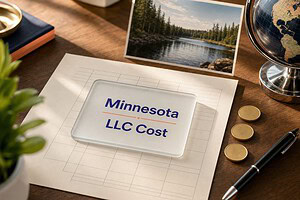 Frosted glass card reading Minnesota LLC Cost on a fee sheet, with gold coins and a Minnesota lake postcard