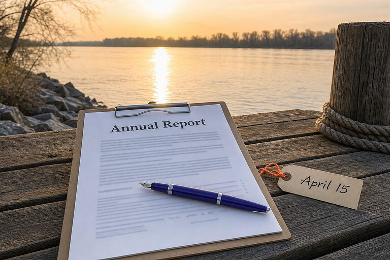 Clipboard with an Annual Report sheet and an April 15 tag on a dock by the Mississippi River at sunrise, Mississippi LLC