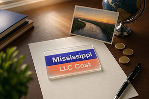 Frosted glass card reading Mississippi LLC Cost on a fee sheet, with gold coins and a Mississippi River postcard