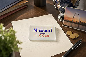 Frosted glass card reading Missouri LLC Cost on a fee sheet, with gold coins and a St. Louis riverfront postcard