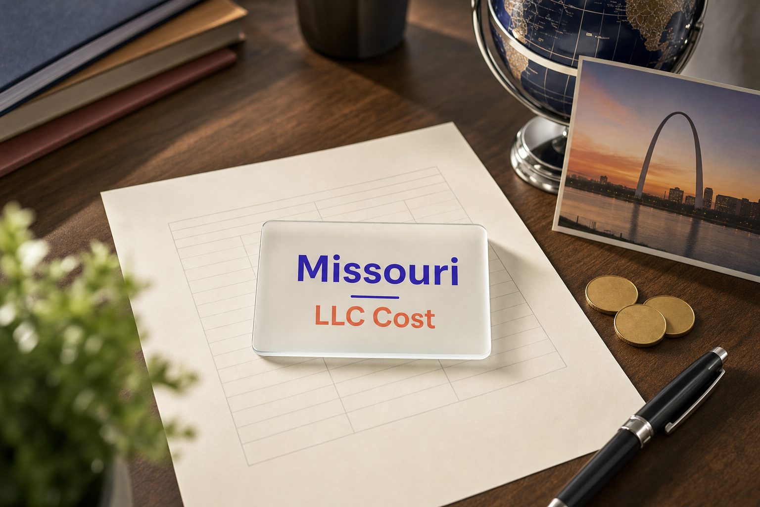 Frosted glass card reading Missouri LLC Cost on a fee sheet, with gold coins and a St. Louis riverfront postcard