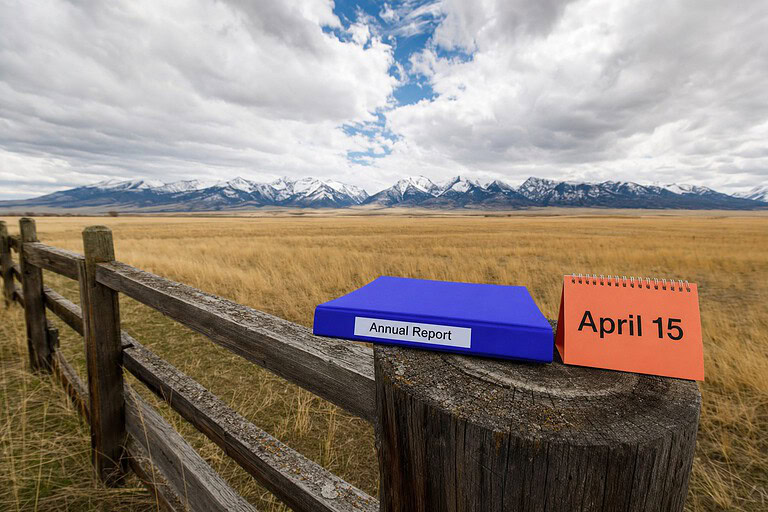 Annual Report folder and April 15 card on a ranch fence post under the Montana sky, for the Montana LLC annual report