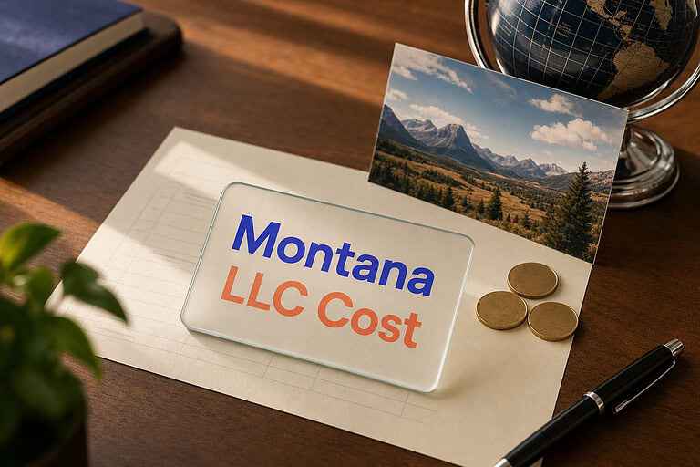 Frosted glass card reading Montana LLC Cost on a fee sheet, with gold coins and a Montana mountains postcard