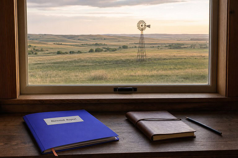 Indigo folder labeled Biennial Report on a ranch house windowsill overlooking the Nebraska Sandhills and a windmill