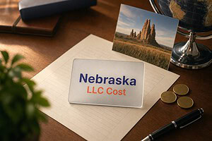 Frosted glass card reading Nebraska LLC Cost on a fee sheet, with gold coins and a Nebraska prairie postcard