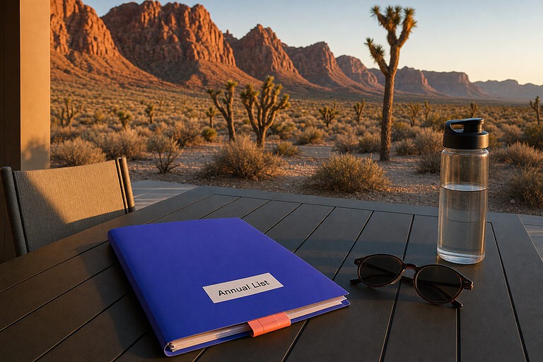 Indigo folder labeled Annual List on a patio table facing red sandstone cliffs and Joshua trees in Nevada