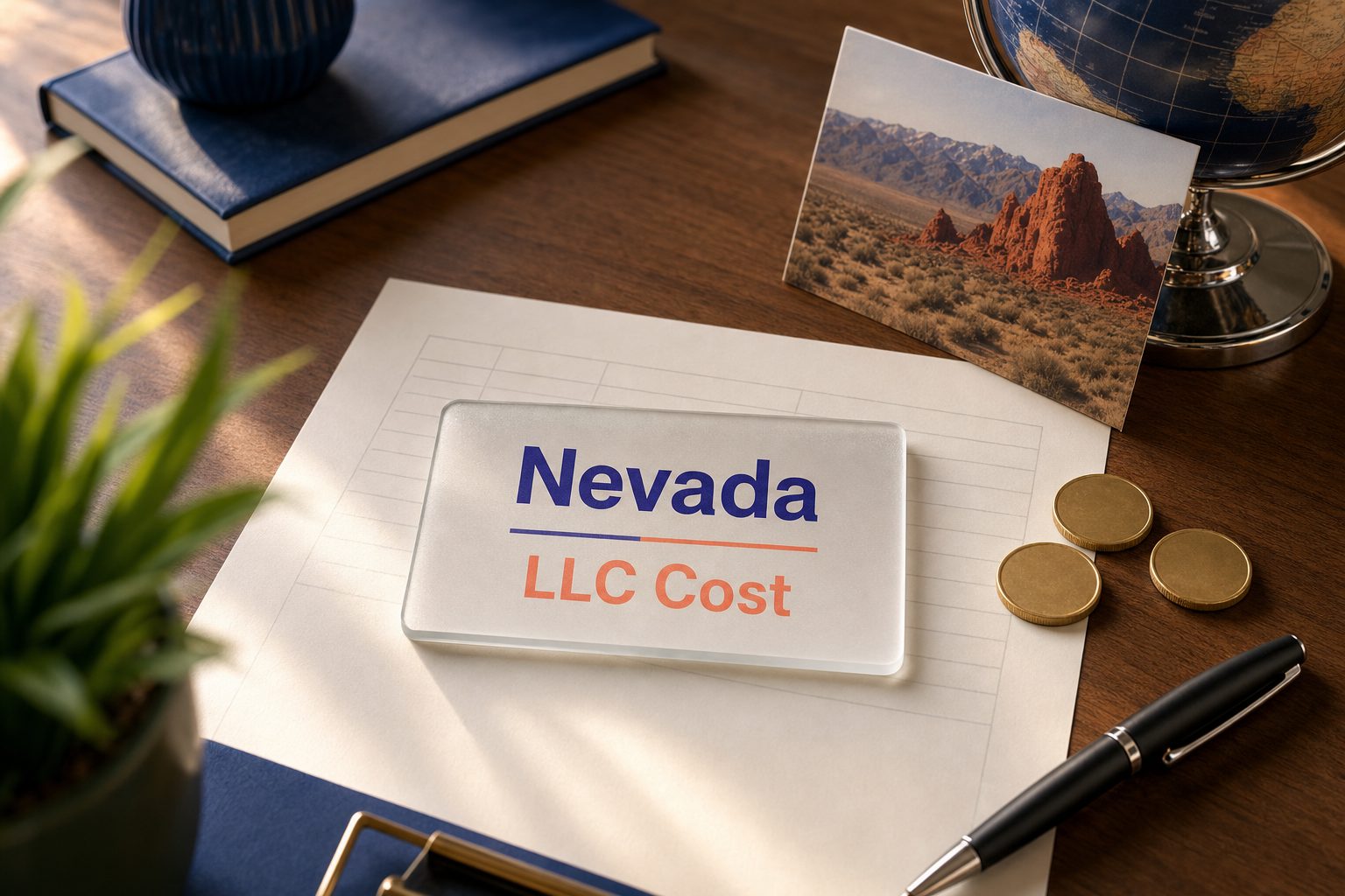 Frosted glass card reading Nevada LLC Cost on a fee sheet, with gold coins and a Nevada desert postcard
